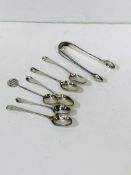 6 silver teaspoons: 4 bottom marked one with maker's initials S J circa 1760-70, together with