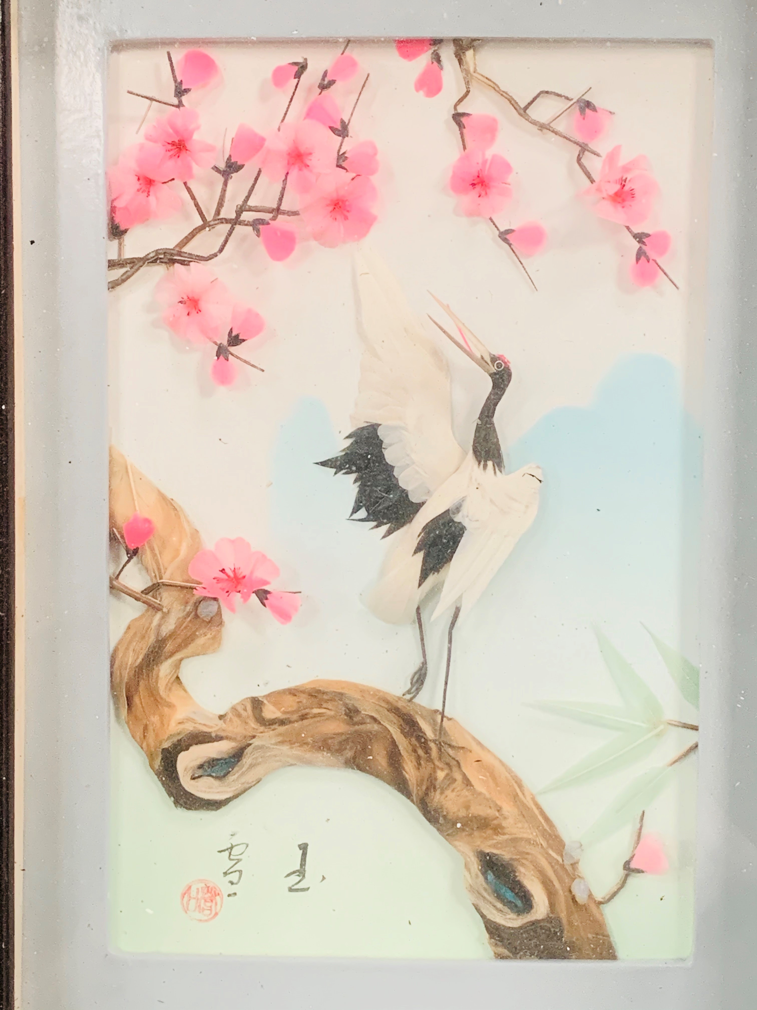 2 Japanese boxed glazed collages of cranes in trees. - Image 2 of 2