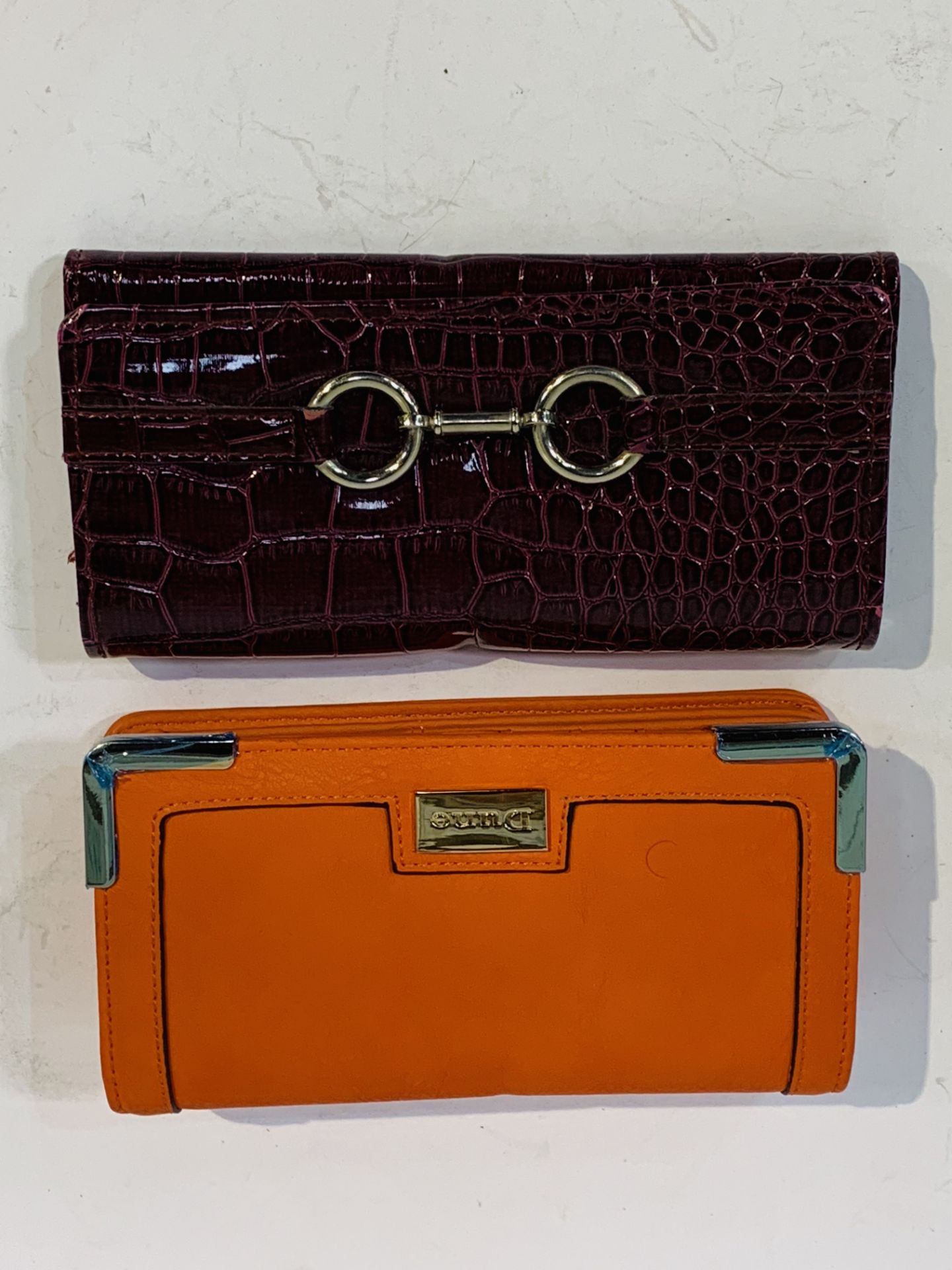 Dune orange leather wallet/purse, together with Cabrelli faux crocodile wallet.