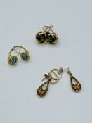 Pair of 750 gold and blue flecked stone earrings; and 2 other pairs of earrings