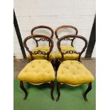 4 balloon back Victorian dining chairs with cabriole legs, buttoned upholstered seats.