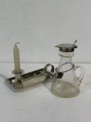 Small glass jug with hallmarked silver spout & lid, 1914 with decanter label "Whisky" & candleholder