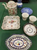 Chinese style famiile teapot; Copeland Spode's Italian metal rimmed pot; 2 Rudolstadt porcelain beak