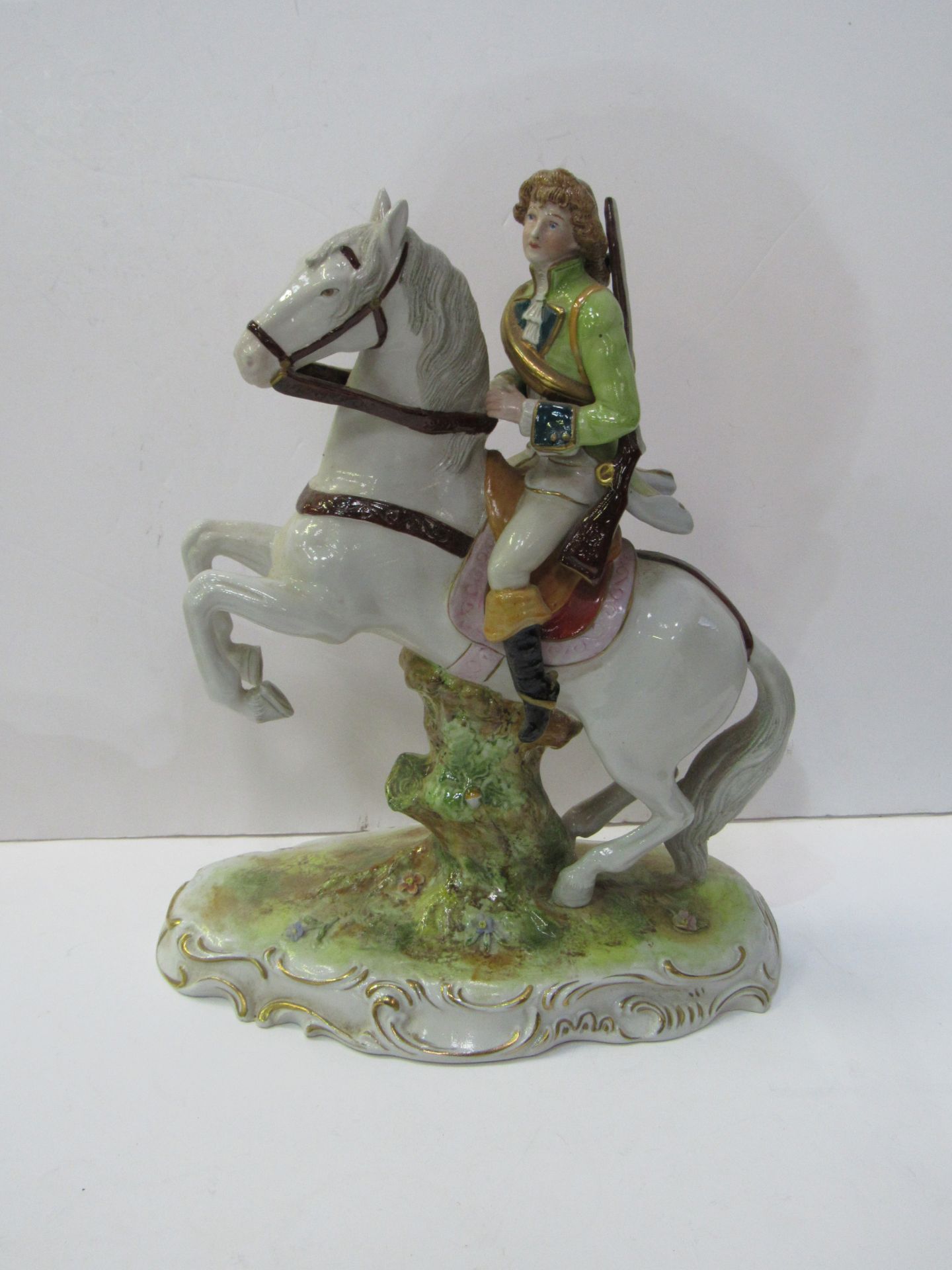 Scheibe-Alsbach porcelain rearing horse and rider figurine