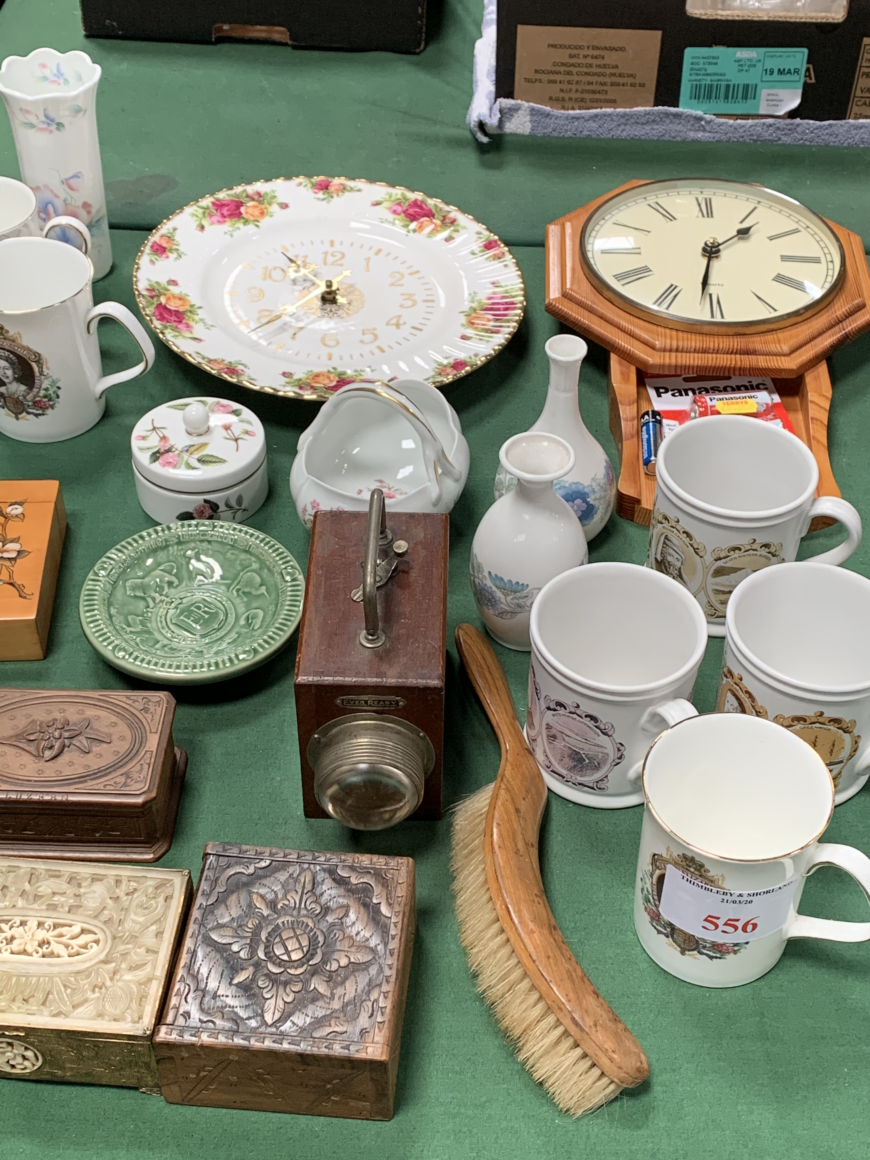 Early 20th Century Eveready battery torch; 6 various wooden boxes; 2 wall clocks and miscellanea.