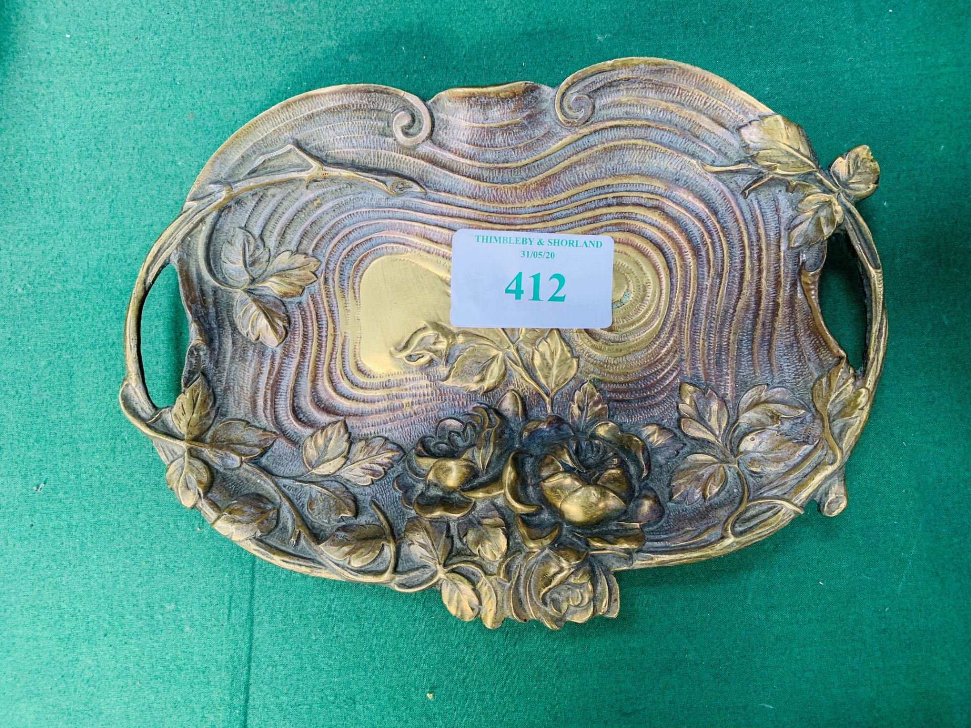 WMF Art Nouveau bronze double handled roses and vines foliate dish.