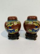 2 cloisonné decorated dishes; cloisonné ginger jars; cloisonné vases; cloisonné "egg" on stand.