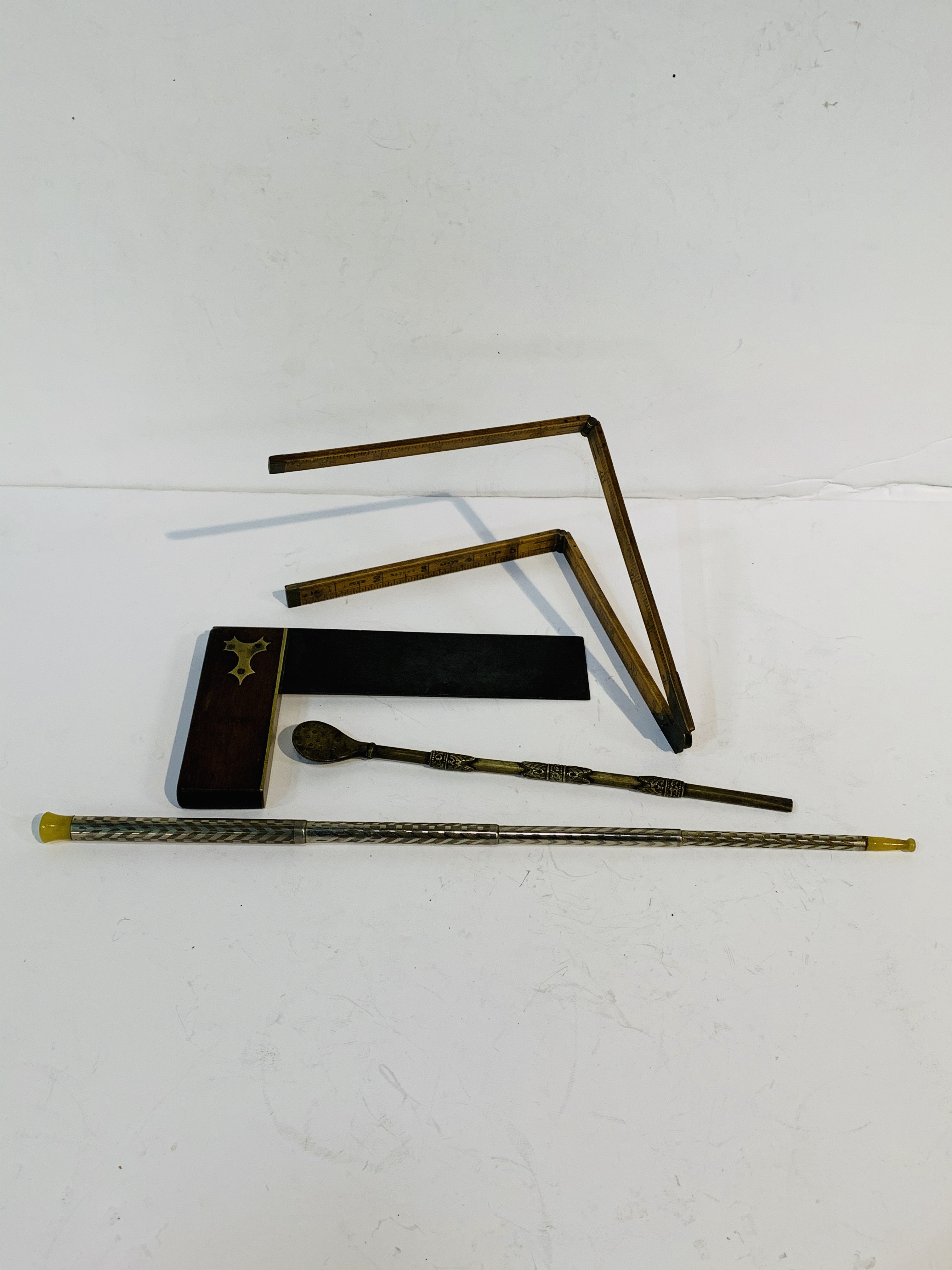 Brass bound right angle set square; boxwood 2 foot rule by Warrand; metal telescopic instrument. - Image 2 of 2