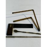 Brass bound right angle set square; boxwood 2 foot rule by Warrand; metal telescopic instrument.