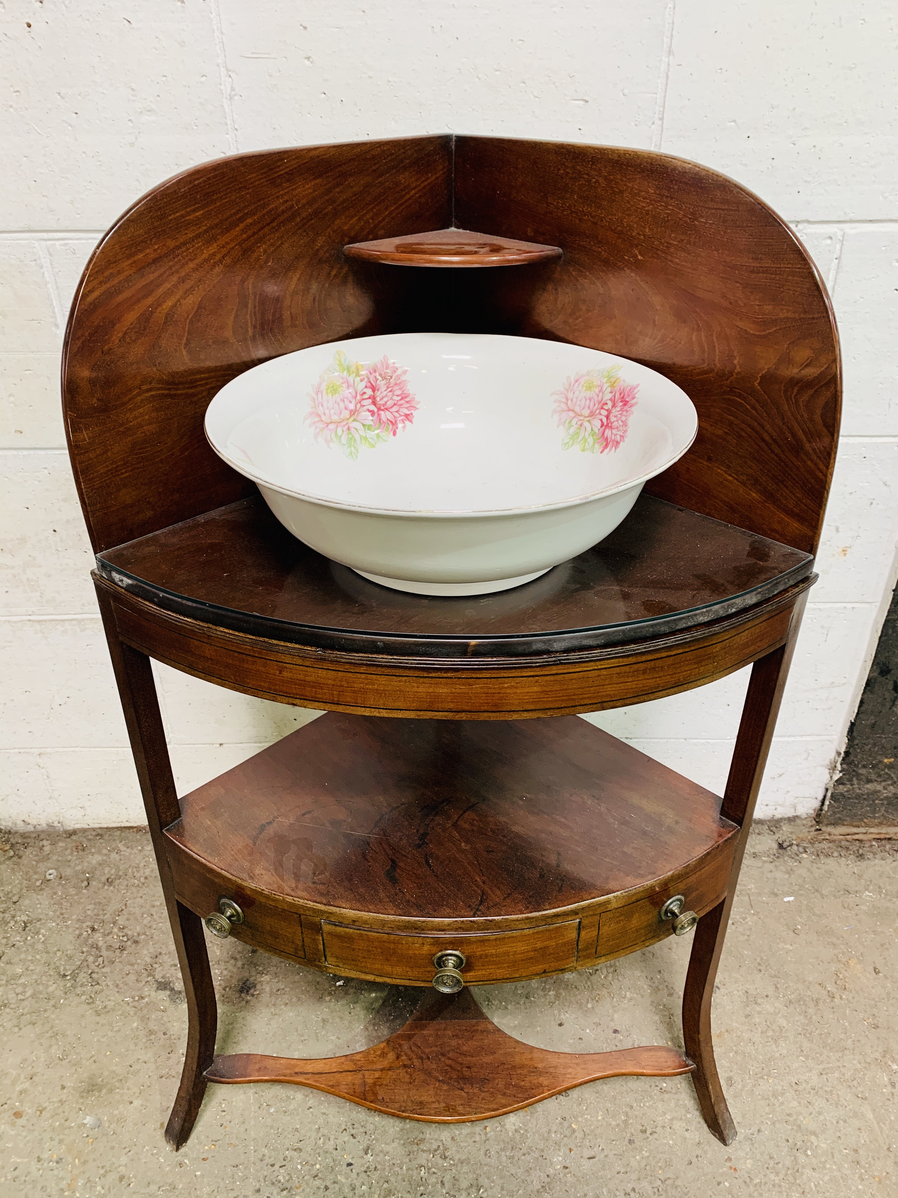 Mahogany 3 tier corner wash stand, drawer to middle tier, complete with ceramic bowl.