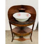 Mahogany 3 tier corner wash stand, drawer to middle tier, complete with ceramic bowl.