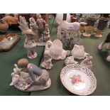 4 Lladro, group of children singing; woman feeding geese; child with lamb; Mexican child; & others.