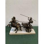 Art Deco bronze Roman Charioteer with pair of horses on white marble base.