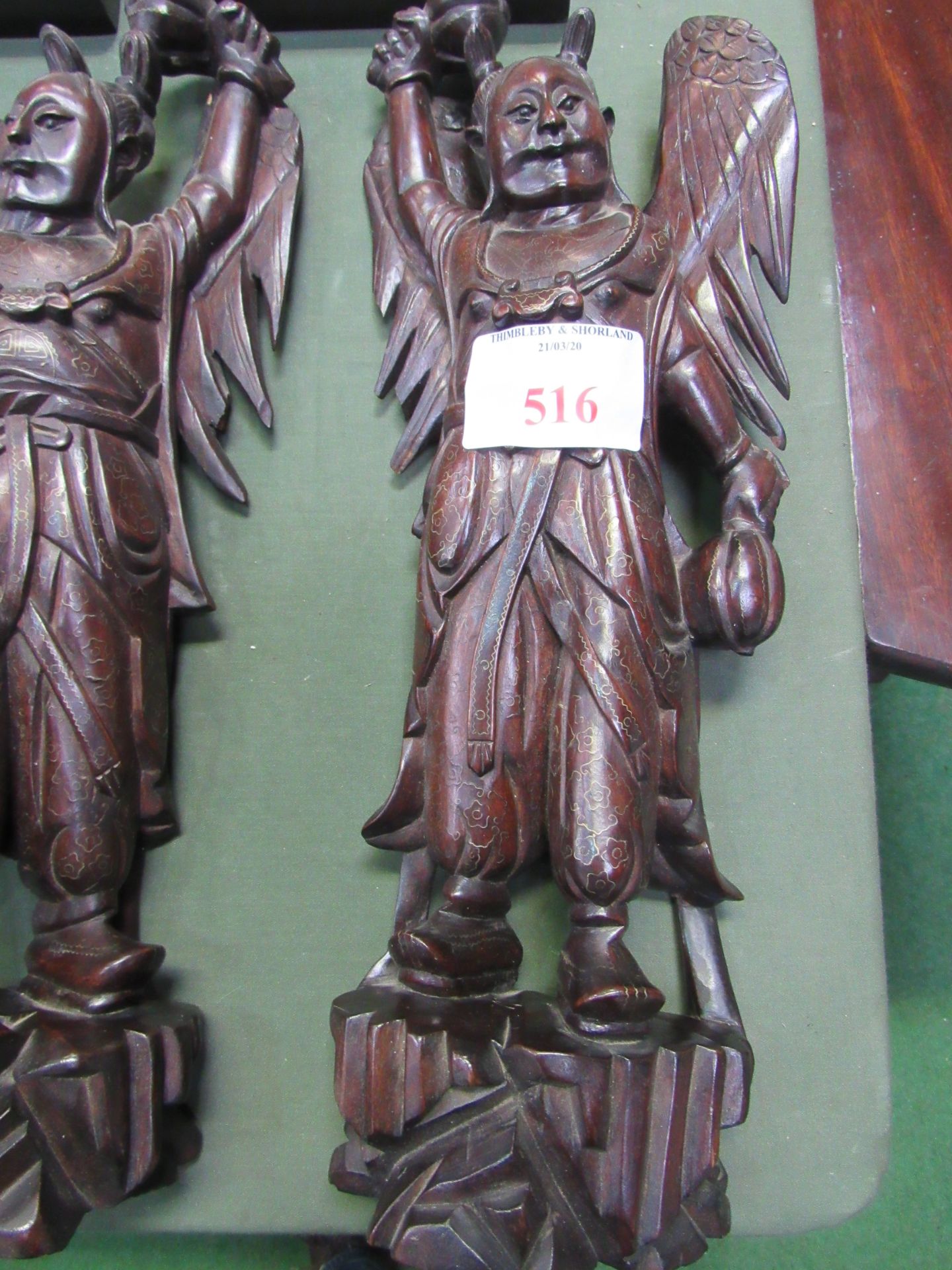 Pair of wooden figures of deities with cloisonné decorations, height 44cms, plus another similar. - Image 2 of 5