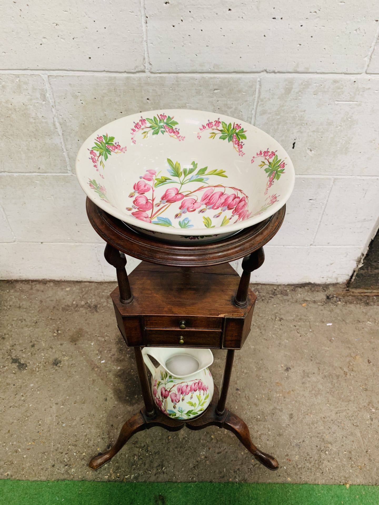 Mahogany triangular shaped washstand, complete with Portmeirion bowl and jug. - Image 2 of 2