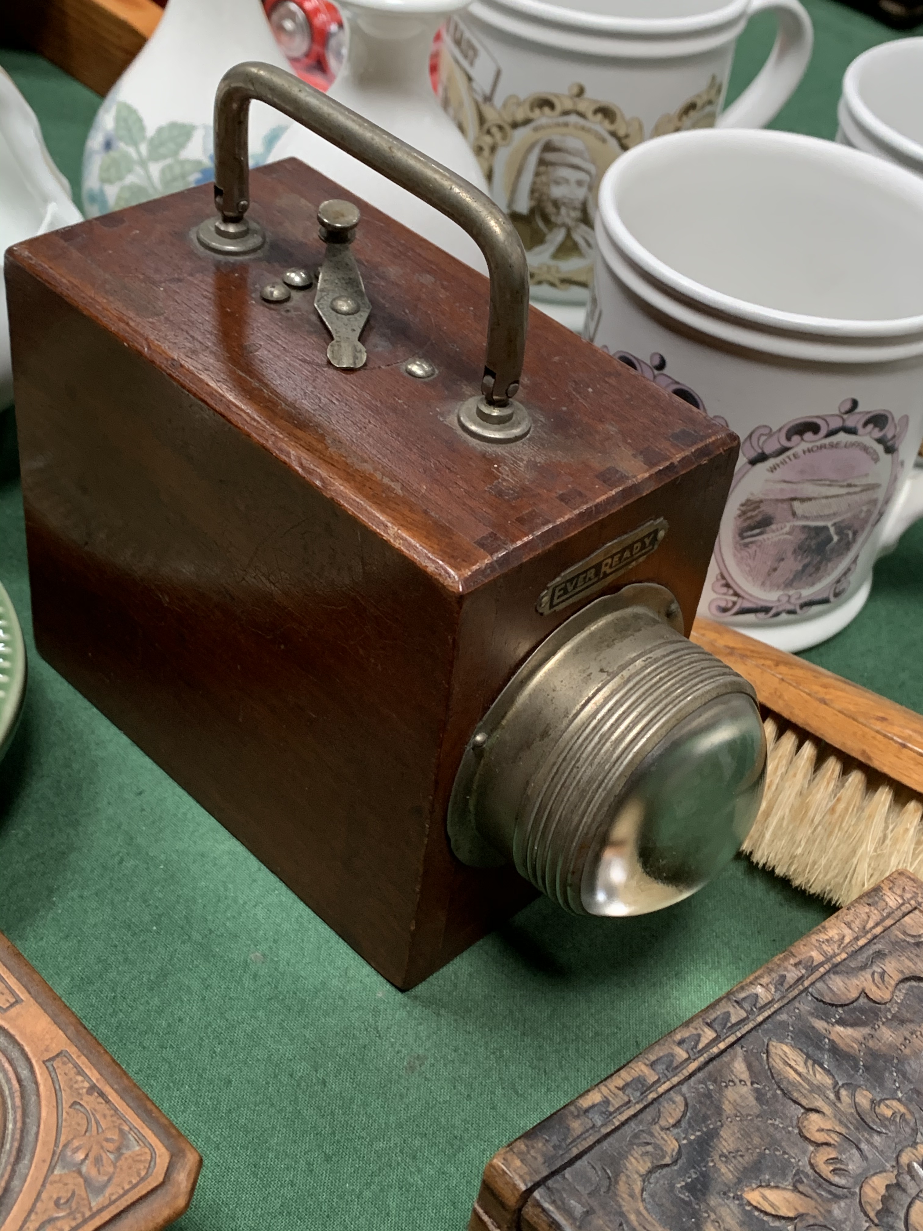 Early 20th Century Eveready battery torch; 6 various wooden boxes; 2 wall clocks and miscellanea. - Image 2 of 3