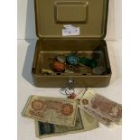 Tin of coins and bank notes together with a mahogany box containing a quantity of costume jewellery