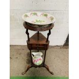 Mahogany triangular shaped washstand, complete with Portmeirion bowl and jug.