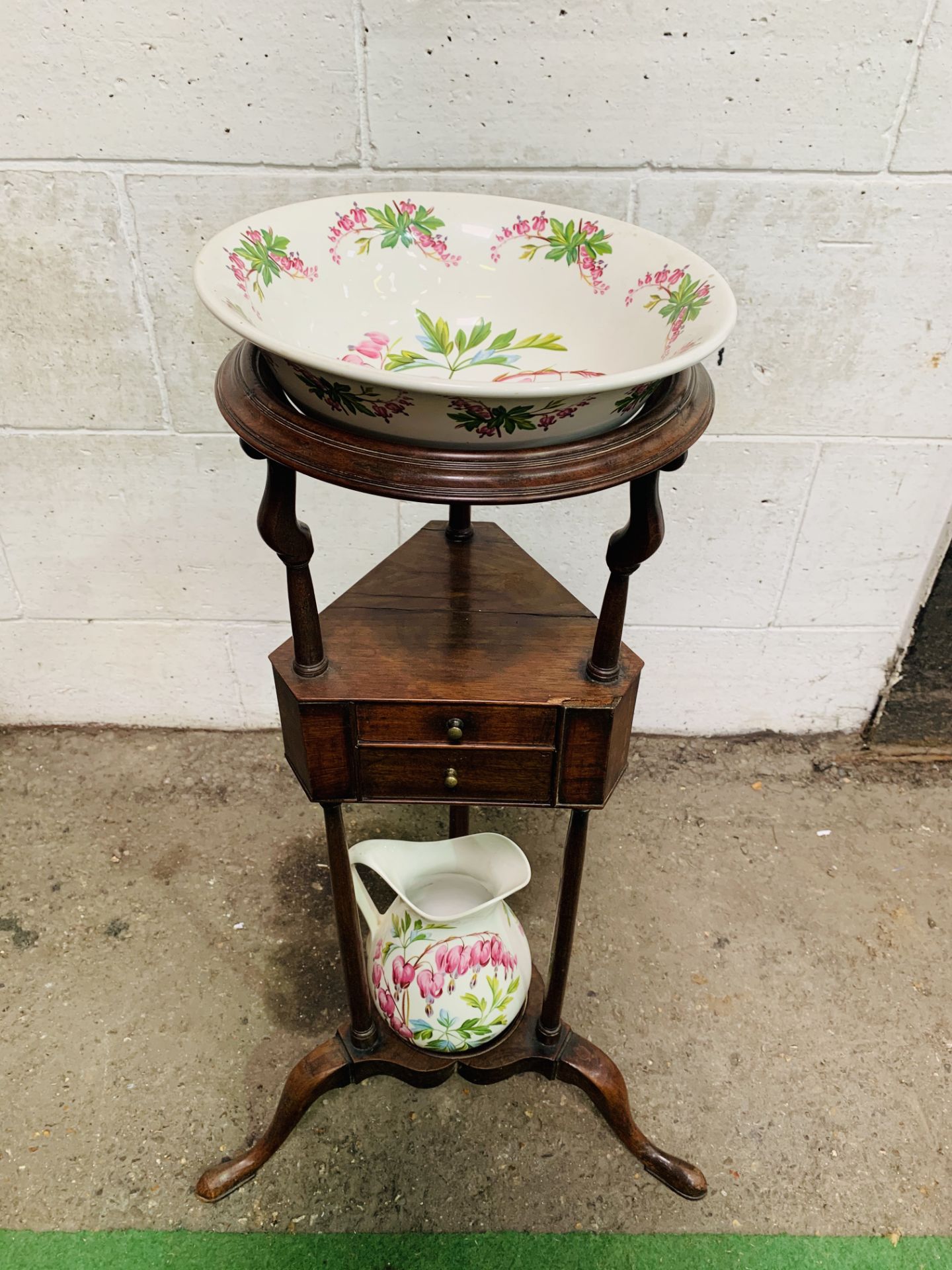 Mahogany triangular shaped washstand, complete with Portmeirion bowl and jug.