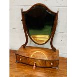 Mahogany shield shaped toilet mirror with 3 drawers to base.