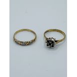 9ct gold, sapphire and diamond cluster ring and a 9ct gold and diamond ring.