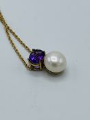 9k gold, amethyst and pearl necklace.
