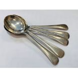 Five silver soup spoons, hallmarked Sheffield 1954. 275gm