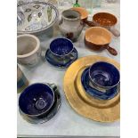 Qty art pottery items including 3 cups and saucers and a pot by Elaine Coles; a large bowl, etc.