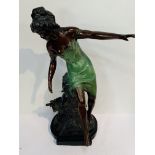 Tall Art Deco style moulded figure of a scantily clad girl resting against a bird bath