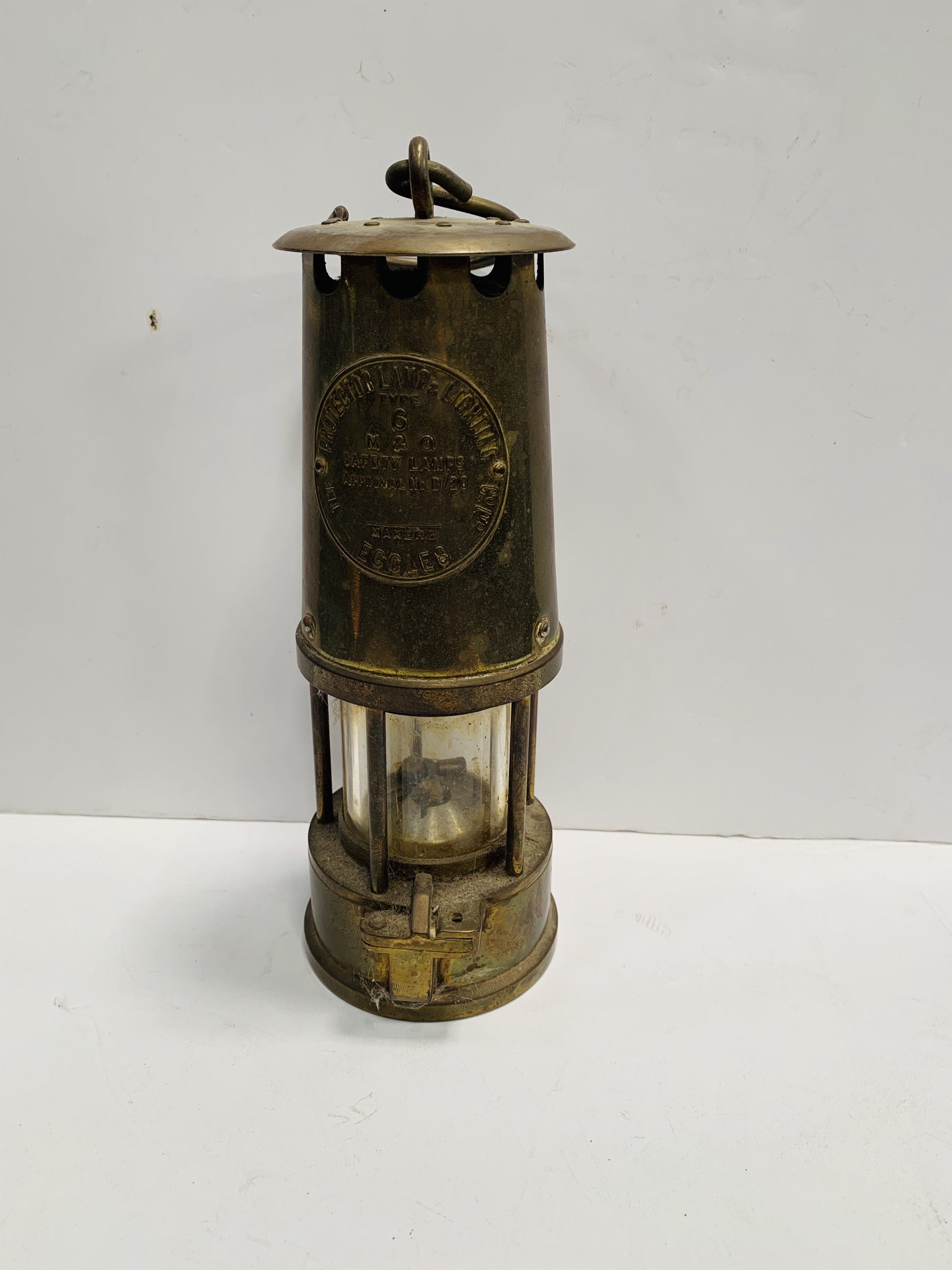 Protector Lamp & Lighting Company of Eccles brass & steel miner's safety lamp, Type 6 M&Q.