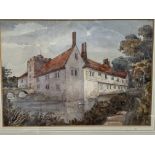 A framed and glazed watercolour of Ightham Mote.