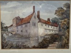 A framed and glazed watercolour of Ightham Mote.