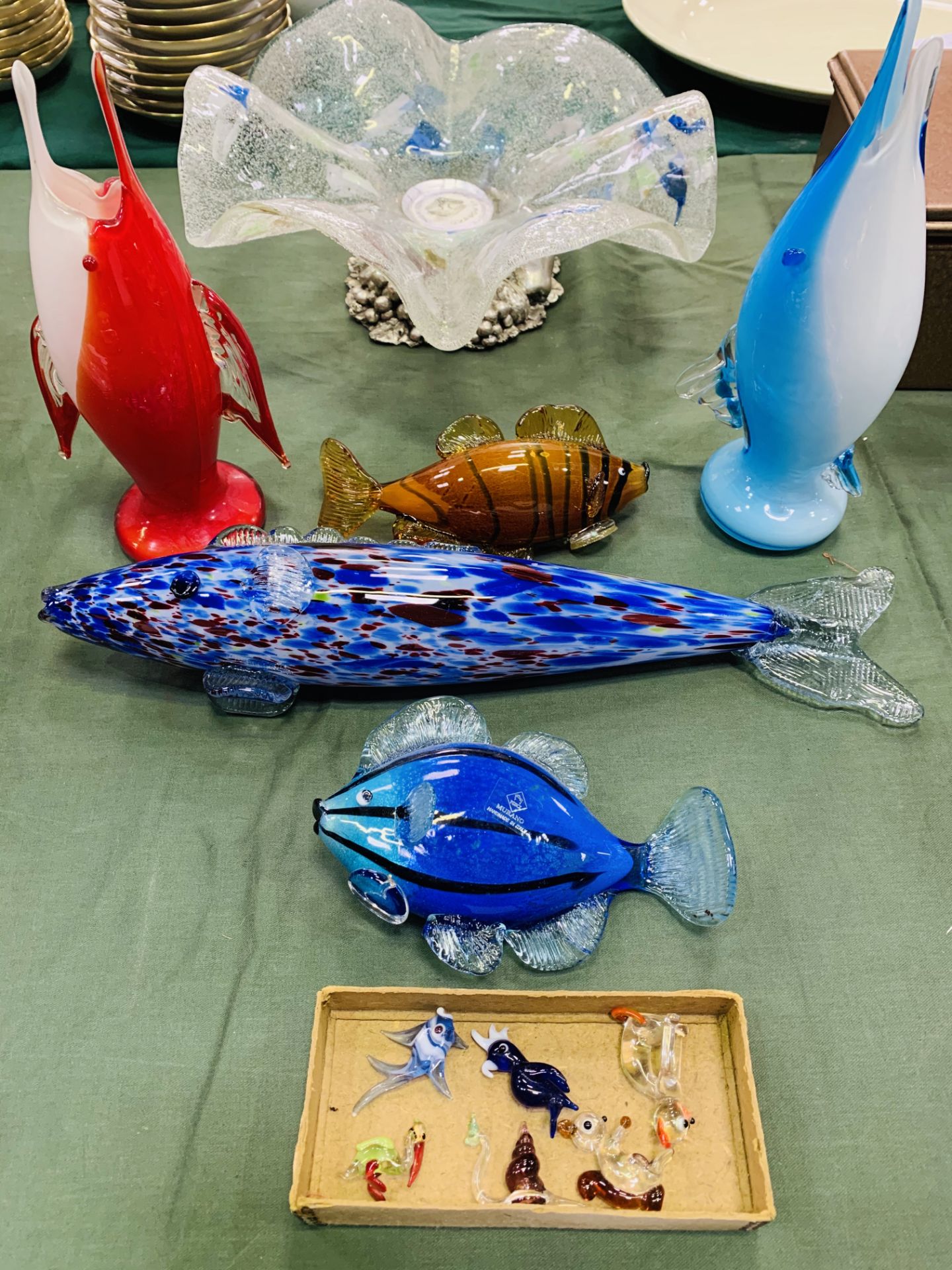 Six assorted Murano and Murano style ornaments, and six glass miniature animals.