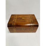 An inlaid fruitwood sewing box; a mahogany desk tidy; and a mahogany miniature refectory table.