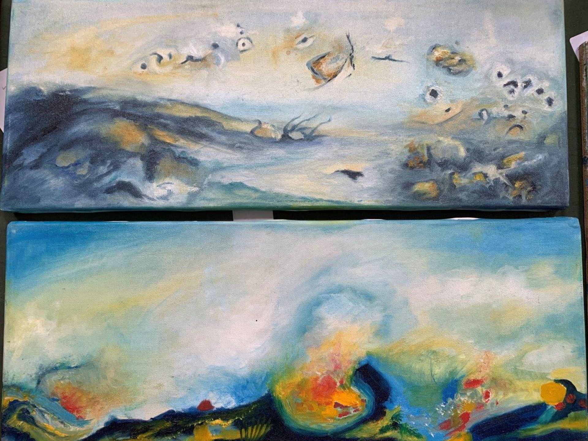 Two abstract oils on canvas by B Siomiak (Russian), each 20 x 51cms.