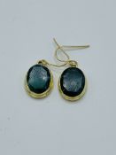 Silver gilt and marbled green stone drop earrings.
