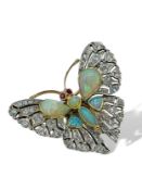 Opal, diamond and ruby butterfly brooch in original box.