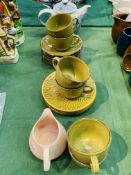 Mixed crockery including 4 Turkish vine plates, 6 green studio cups and saucers, Grayshott, etc.