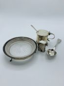 Late 18th century silver teaspoon, silver lidded mustard pot, and 2 other pieces.