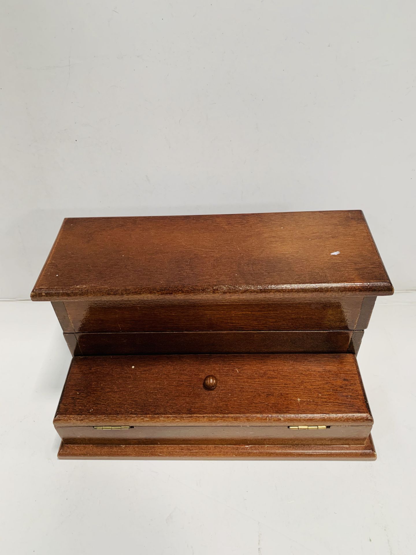 An inlaid fruitwood sewing box; a mahogany desk tidy; and a mahogany miniature refectory table. - Image 3 of 4