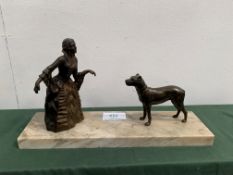 Large Art Deco bronze lady with her dog, mounted on variegated marble base.