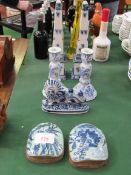 2 blue and white china obelisks; 2 blue and white china candlesticks; 2 Oriental china and metal box