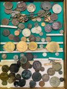 A metal bound oak box containing a quantity of coins, medals and other items.