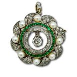 Emerald, diamond and natural pearl brooch/pendant.