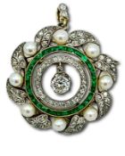 Emerald, diamond and natural pearl brooch/pendant.