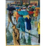An oil on canvas street scene in the rain and another picture.