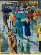 An oil on canvas street scene in the rain and another picture.