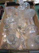 9 various cut and etched decanters, small bottle and quantity of stoppers.