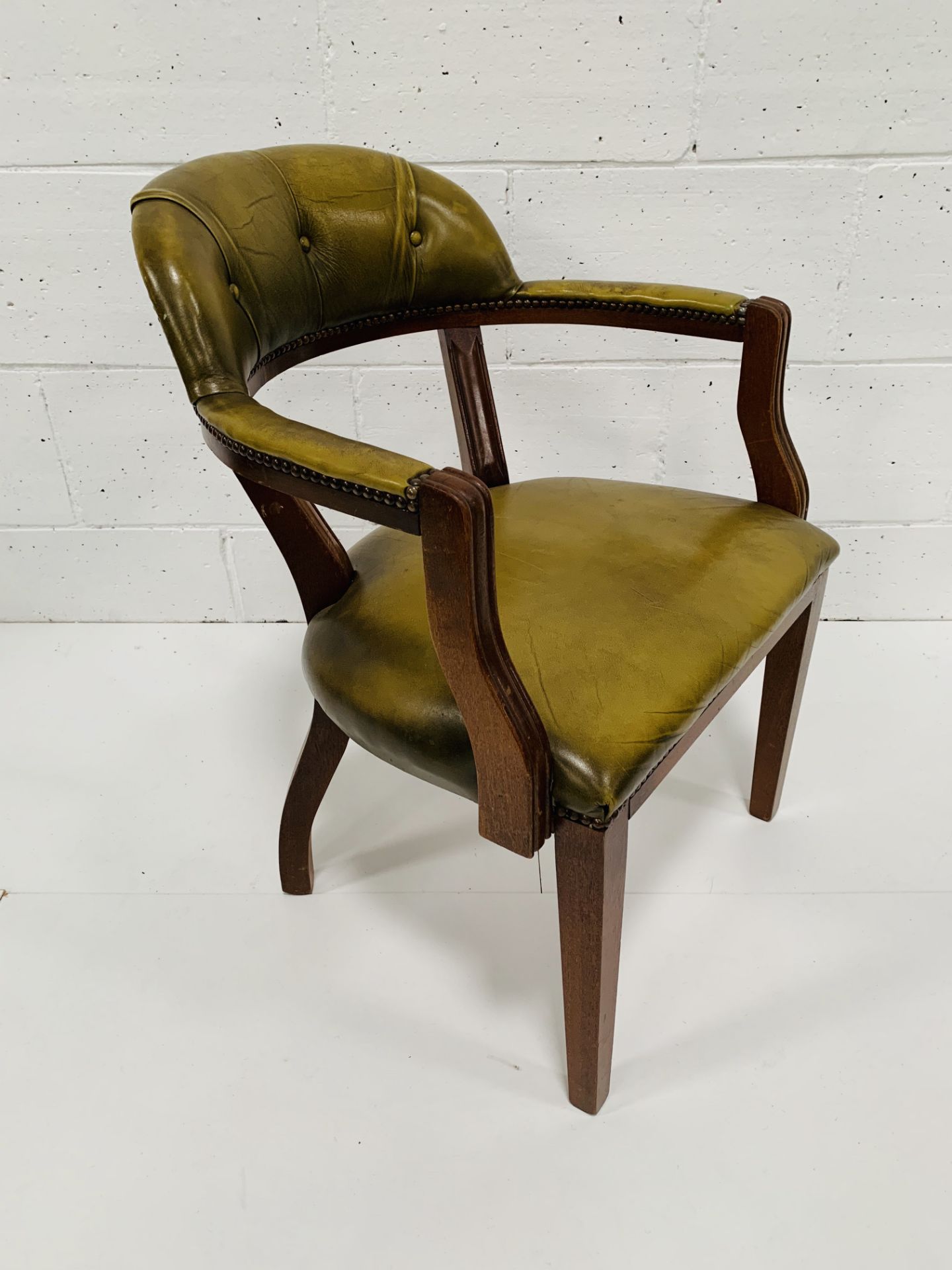 Green leather open armchair. - Image 3 of 3