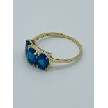 10k gold ring set with 3 blue tourmaline stones.